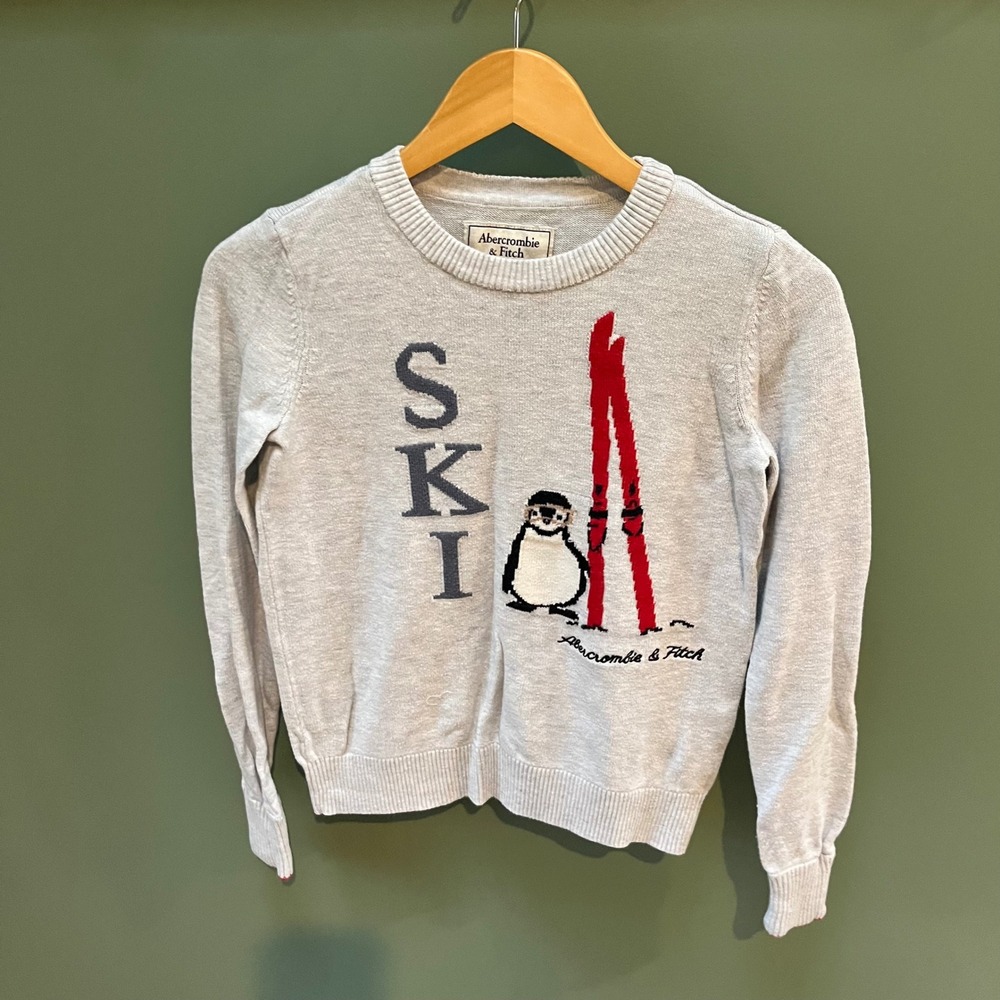 Abercrombie Fitch Grey Ski Penguin Sweater XS‎ Long Sleeve Crew Neck